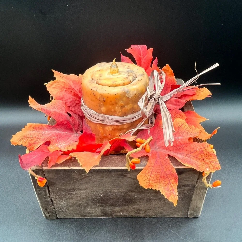 Rustic Fall Candle Centerpiece Wood Crate Maple Leaves‎ Rusty Star 6